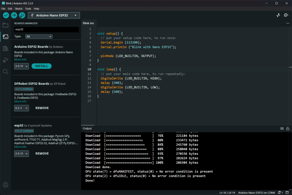 Arduino IDE version 2 with ESP32 packages and code