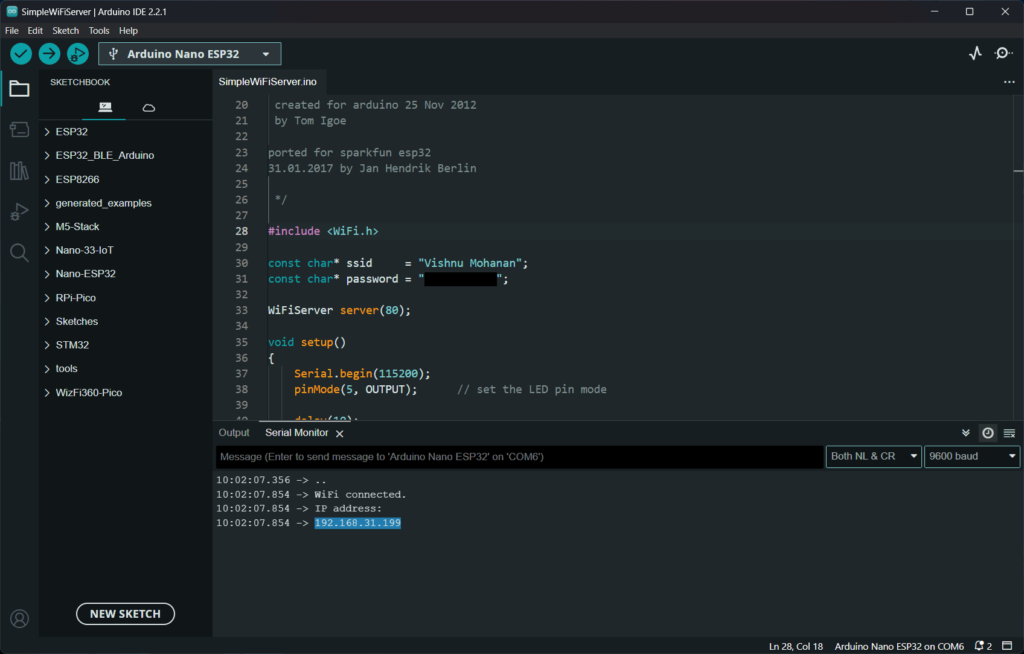 Arduino IDE Arduino Nano ESP32 SimpleWiFiServer Example Screenshot CIRCUITSTATE Electronics