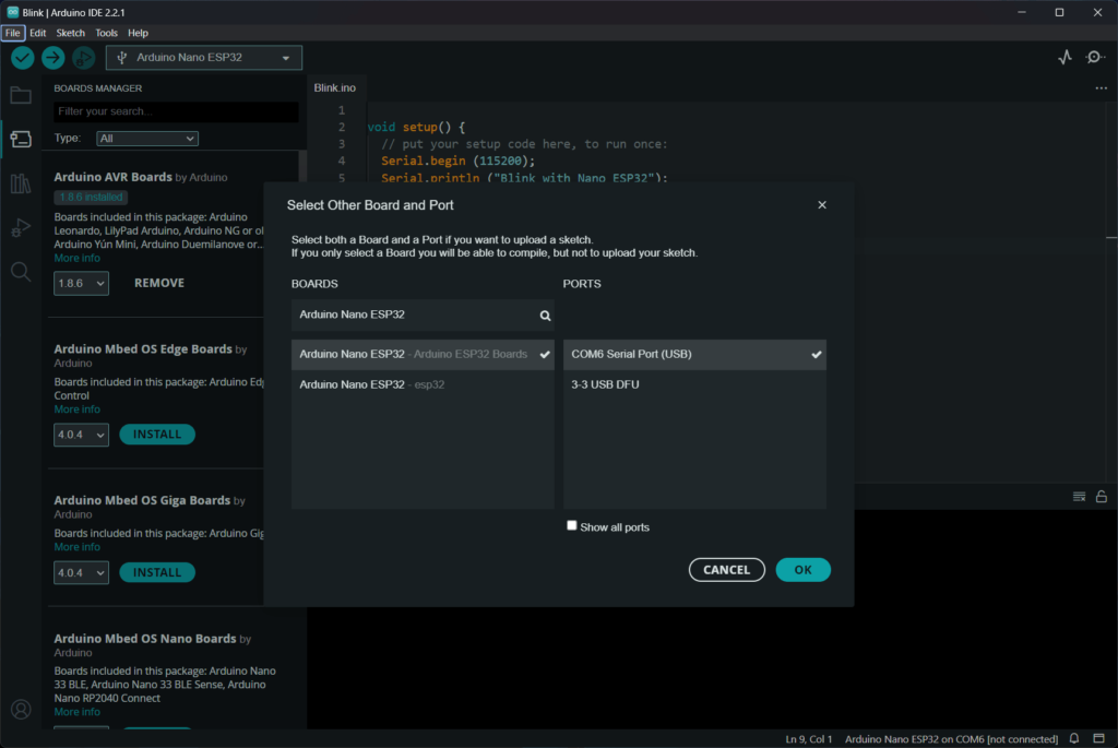 Arduino IDE Nano ESP32 Port List Screenshot by CIRCUITSTATE Electronics