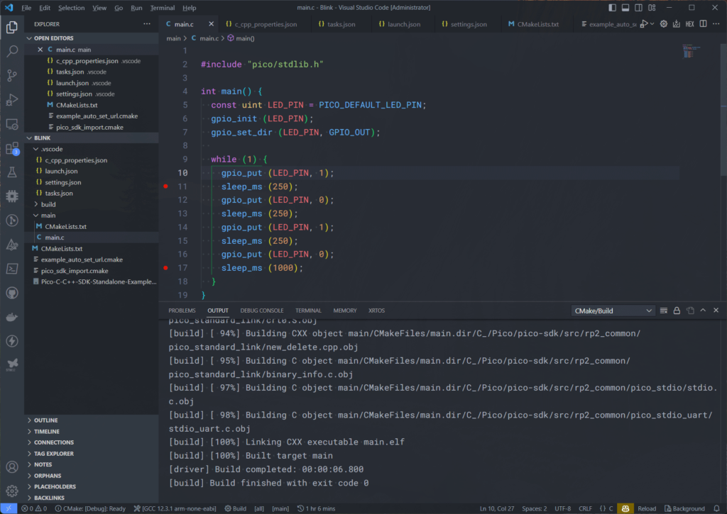 Debugging RP2040 Pico C/C++ SDK Projects using Raspberry Pi Debug Probe & VS Code 39 Building Raspberry Pi Pico RP2040 C/C++ Project Using Pico-SDK VS-Code an CMake Build Successful CIRCUITSTATE Electronics