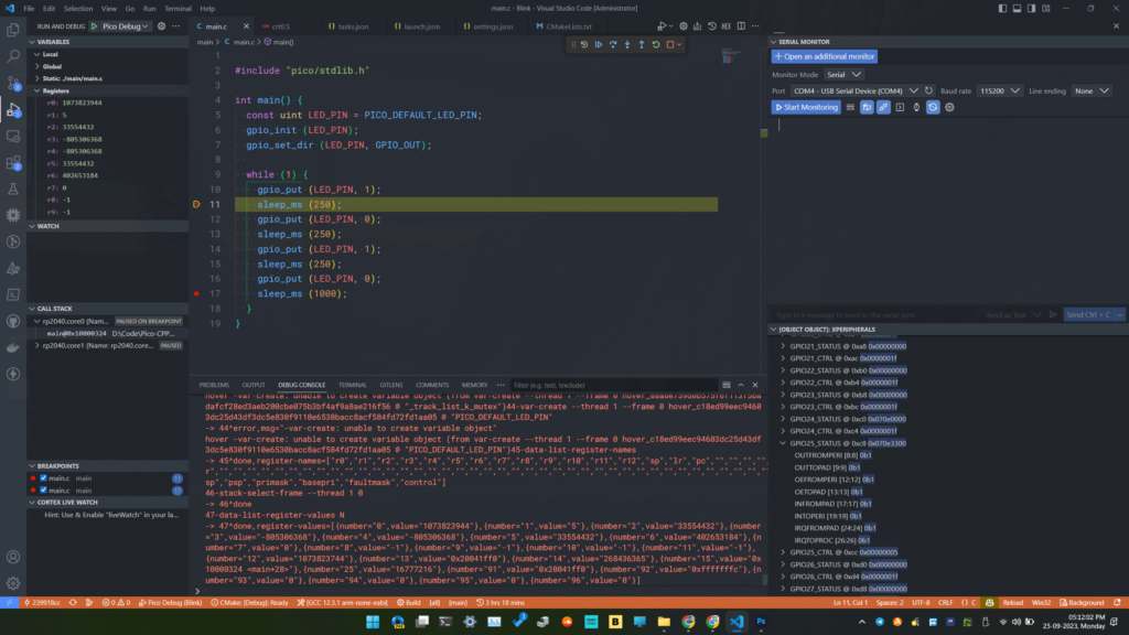 Debugging RP2040 Pico C/C++ SDK Projects using Raspberry Pi Debug Probe & VS Code 40 Debugging Raspberry Pi Pico RP2040 C/C++ Project Using Pico-SDK VS-Code and CMake OpenOCD GDB ACtive CIRCUITSTATE Electronics