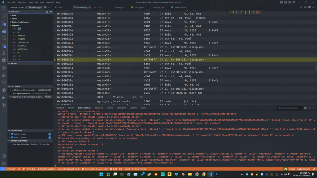Debugging RP2040 Pico C/C++ SDK Projects using Raspberry Pi Debug Probe & VS Code 43 Debugging Raspberry Pi Pico RP2040 C/C++ Project Using Pico-SDK VS-Code and CMake OpenOCD GDB Disassembly View CIRCUITSTATE Electronics