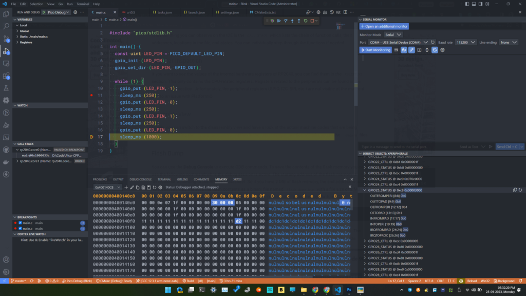 Debugging RP2040 Pico C/C++ SDK Projects using Raspberry Pi Debug Probe & VS Code 45 Debugging Raspberry Pi Pico RP2040 C/C++ Project Using Pico-SDK VS-Code and CMake OpenOCD GDB Memory View by CIRCUITSTATE Electronics