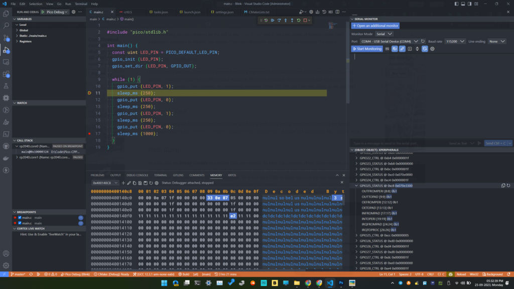 Debugging RP2040 Pico C/C++ SDK Projects using Raspberry Pi Debug Probe & VS Code 44 Debugging Raspberry Pi Pico RP2040 C/C++ Project Using Pico-SDK VS-Code and CMake OpenOCD GDB Memory View by CIRCUITSTATE Electronics