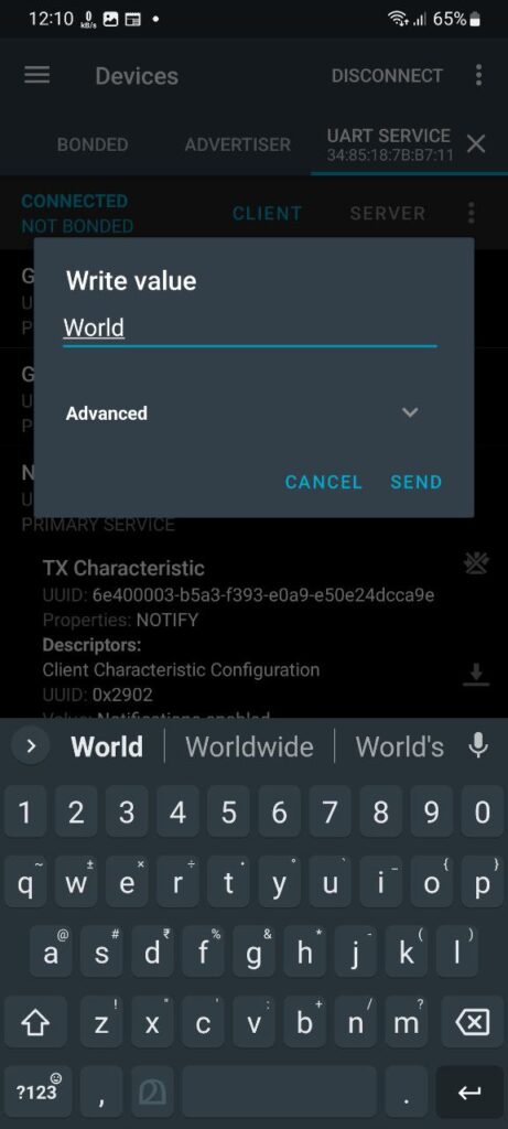 Getting Started with Espressif ESP32 Wi-Fi & Bluetooth SoC using DOIT-ESP32-DevKit-V1 Development Board 37 NRF Connect App BLE Serial Sending Value by CIRCUITSTATE Electronics