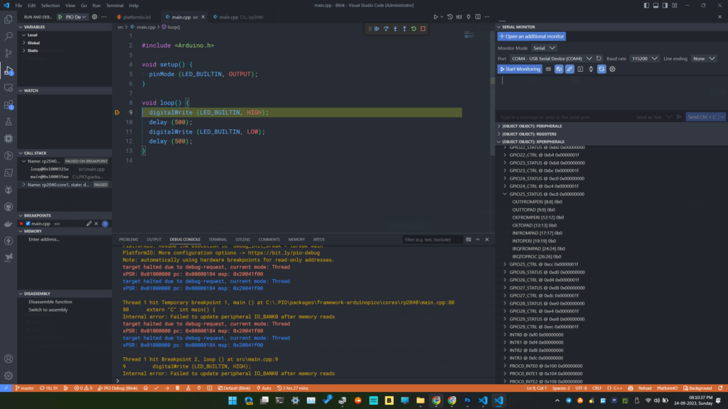 How to Debug RP2040 Arduino Projects Using Raspberry Pi Debug Probe & PlatformIO 31 Raspberry Pi Pico RP2040 PlatformIO Arduino Project on VS-Code Debugging Using Debug Probe Breakpoint on Loop by CIRCUITSTAT Electronics