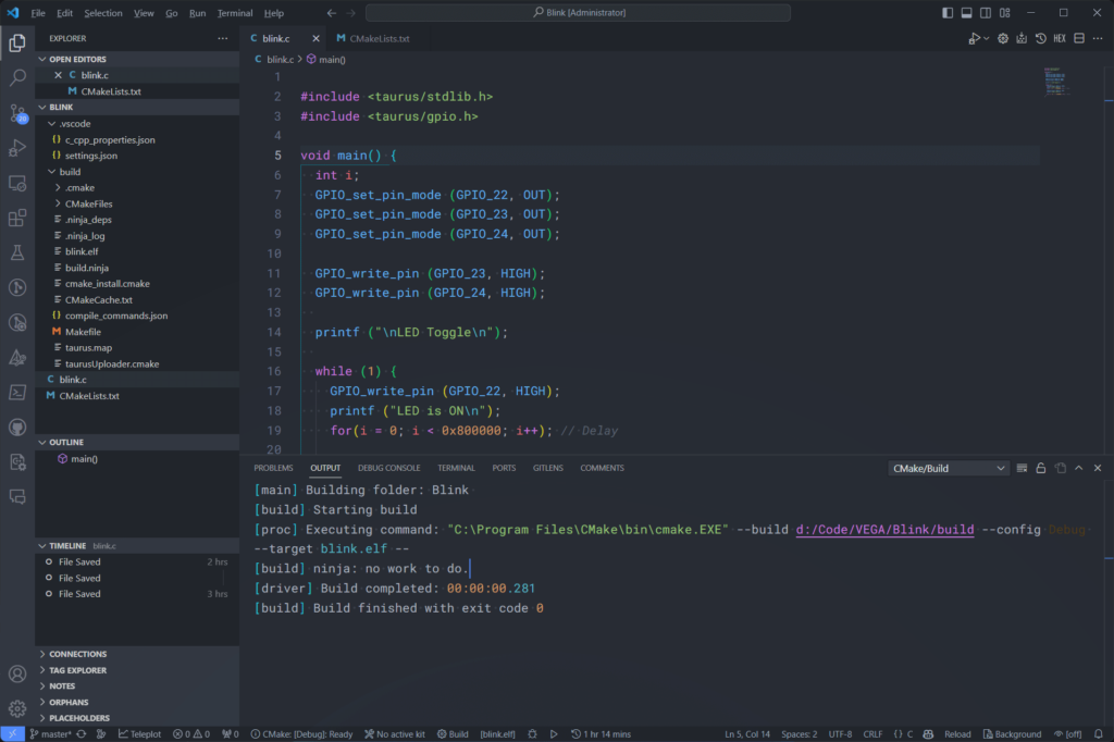 Creating C/C++ Projects for C-DAC Aries V3 THEJAS32 Microcontroller Board Using VEGA SDK 22 Building VEGA SDK Project with CMake Extension and VS Code Build Successful CIRCUITSTATE Electronics