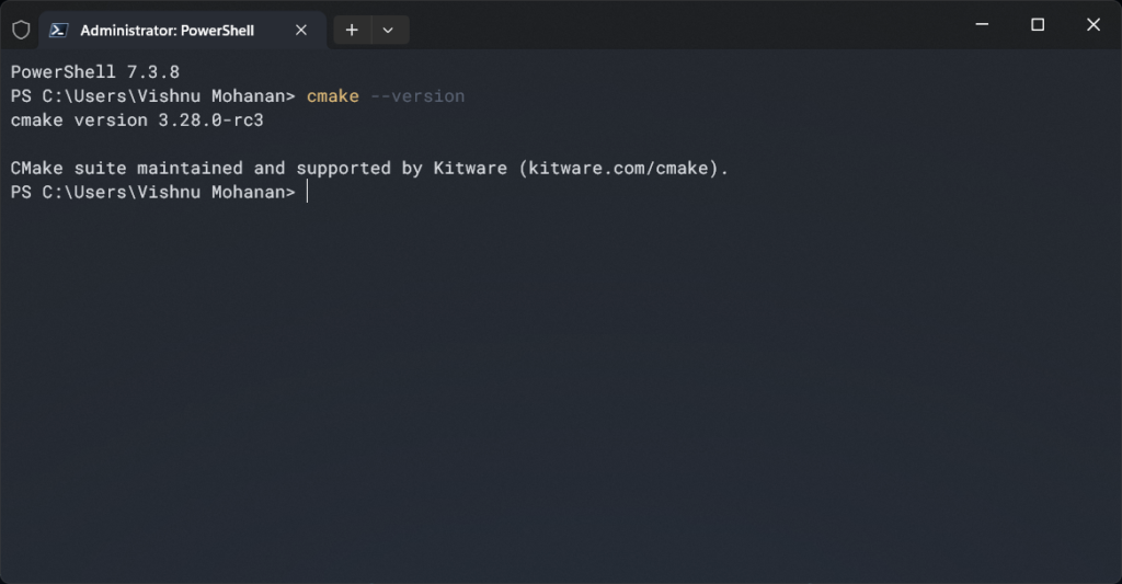 Creating C/C++ Projects for C-DAC Aries V3 THEJAS32 Microcontroller Board Using VEGA SDK 10 Checking CMake Version From Windows Terminal Powershell CIRCUITSTATE Electronics