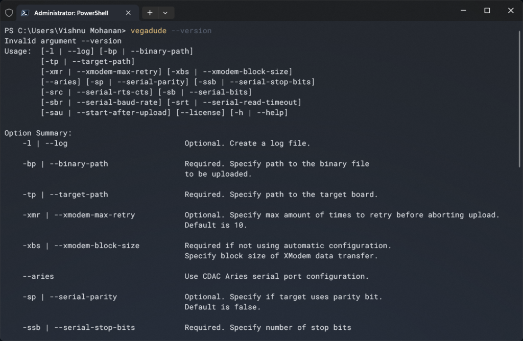 Creating C/C++ Projects for C-DAC Aries V3 THEJAS32 Microcontroller Board Using VEGA SDK 15 Checking VEGA Vegadude Uploader Tool Version From Windows Terminal Powershell CIRCUITSTATE Electronics