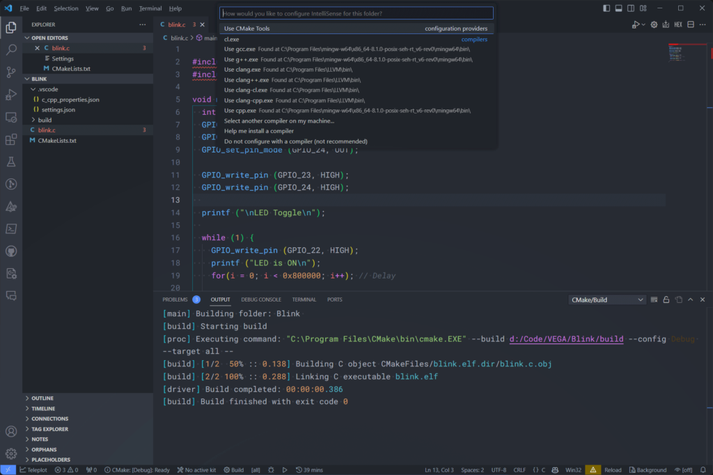 Creating C/C++ Projects for C-DAC Aries V3 THEJAS32 Microcontroller Board Using VEGA SDK 24 Choose Intellisense Configuration for VEGA SDK Project with CMake and VS Code CIRCUITSTATE Electronics