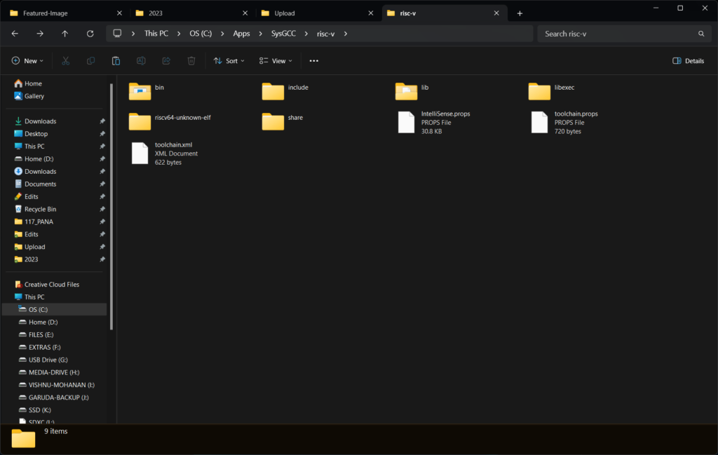 Creating C/C++ Projects for C-DAC Aries V3 THEJAS32 Microcontroller Board Using VEGA SDK 13 GNU RISC V C CPP Compiler Toolchain Installation Folder in Windows File Explorer CIRCUITSTATE Electronics
