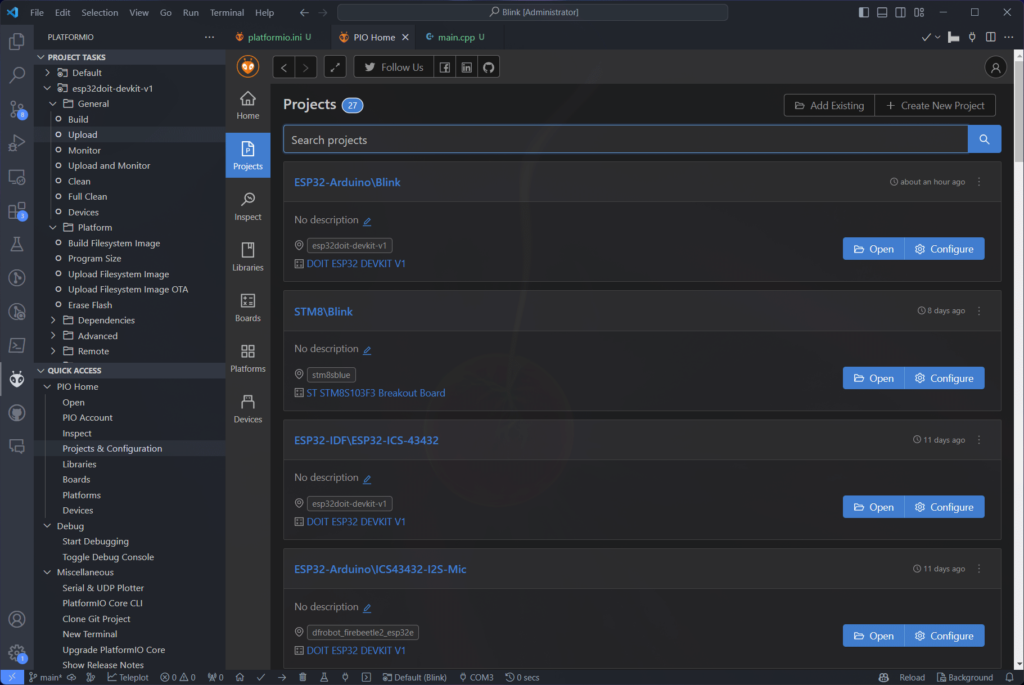 PlatformIO list of projects in VS Code by CIRCUITSTATE Electronics