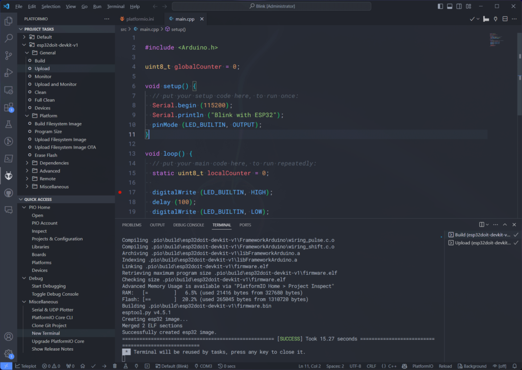 PlatformIO project build successful log in VS Code by CIRCUITSTATE Electronics
