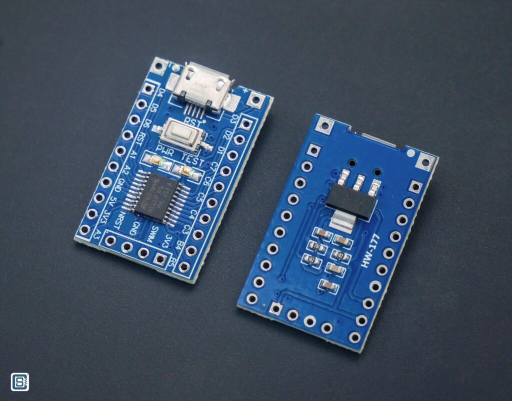 STM8S-Blue STM8S103F3P6 Generic Microcontroller Development Board Top and Bottom Views by CIRCUITSTATE Electronics