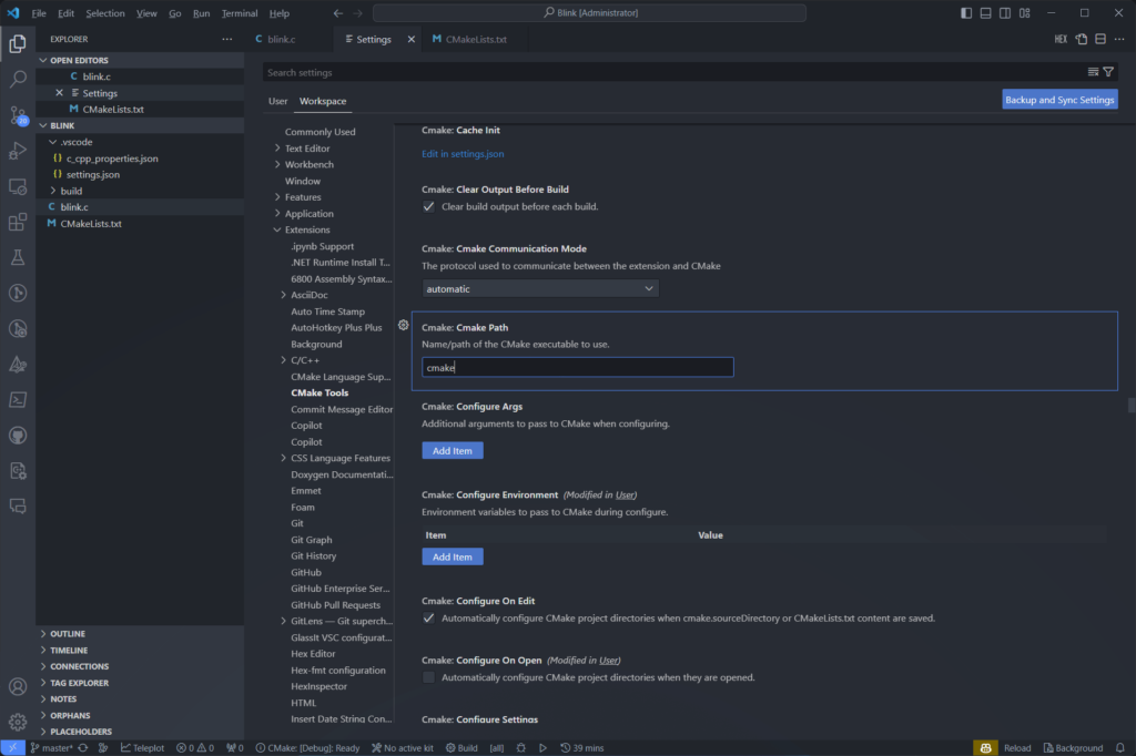 Creating C/C++ Projects for C-DAC Aries V3 THEJAS32 Microcontroller Board Using VEGA SDK 23 Setting CMake Extension CMake Path in VS Code CIRCUITSTATE Electronics