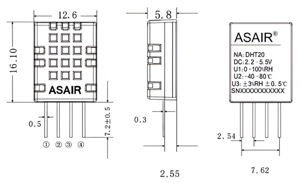 Interfacing ASAIR DHT20 Temperature & Humidity Sensor with Arduino 5 Asair DHT20 Temperature and Humidity Sensor Pinout and Mechanical Dimensions by CIRCUITSTATE Electronics