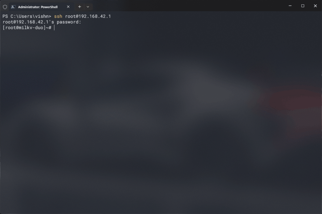 Windows Terminal showing SSH access window from Milk-V Duo Linux board