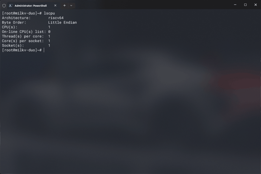 Windows Terminal showing lscpu command from Milk-V Duo Linux board in SSH mode