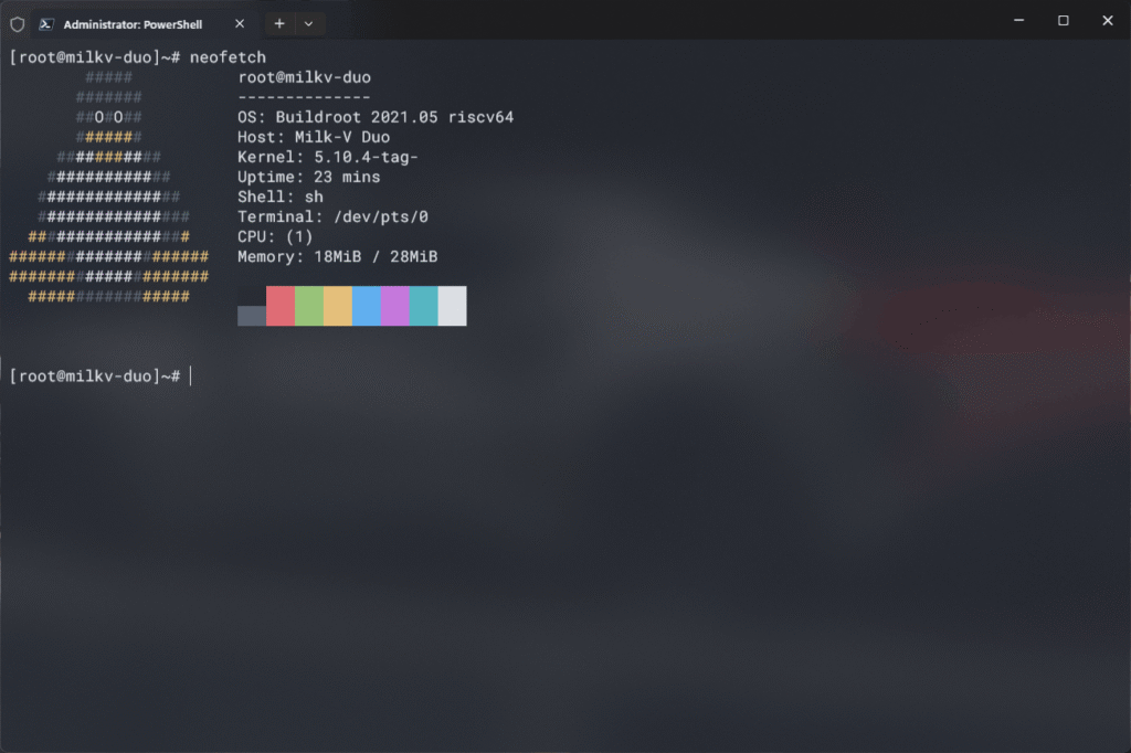 Windows Terminal showing neofetch command from Milk-V Duo Linux board in SSH mode