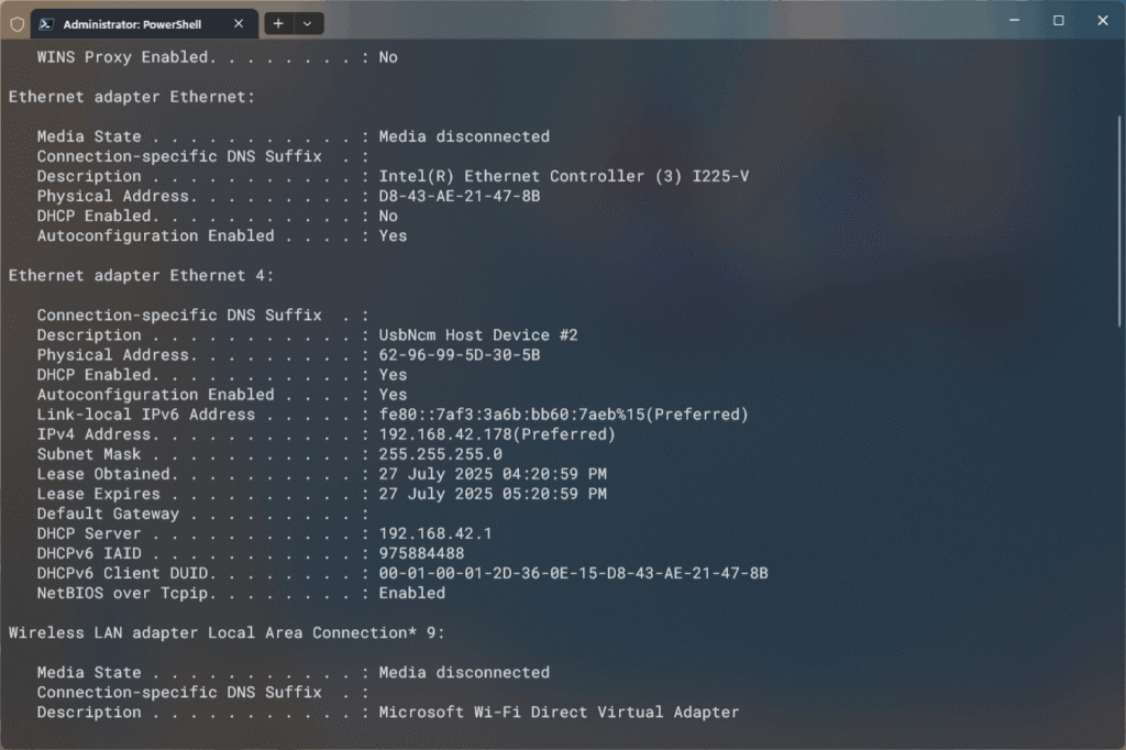 Windows Terminal showing the network interfaces as a result of ipconfig command