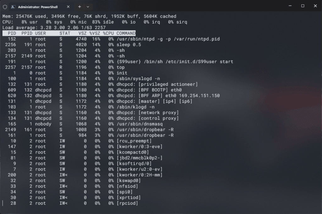 Windows Terminal showing top command from Milk-V Duo Linux board in SSH mode