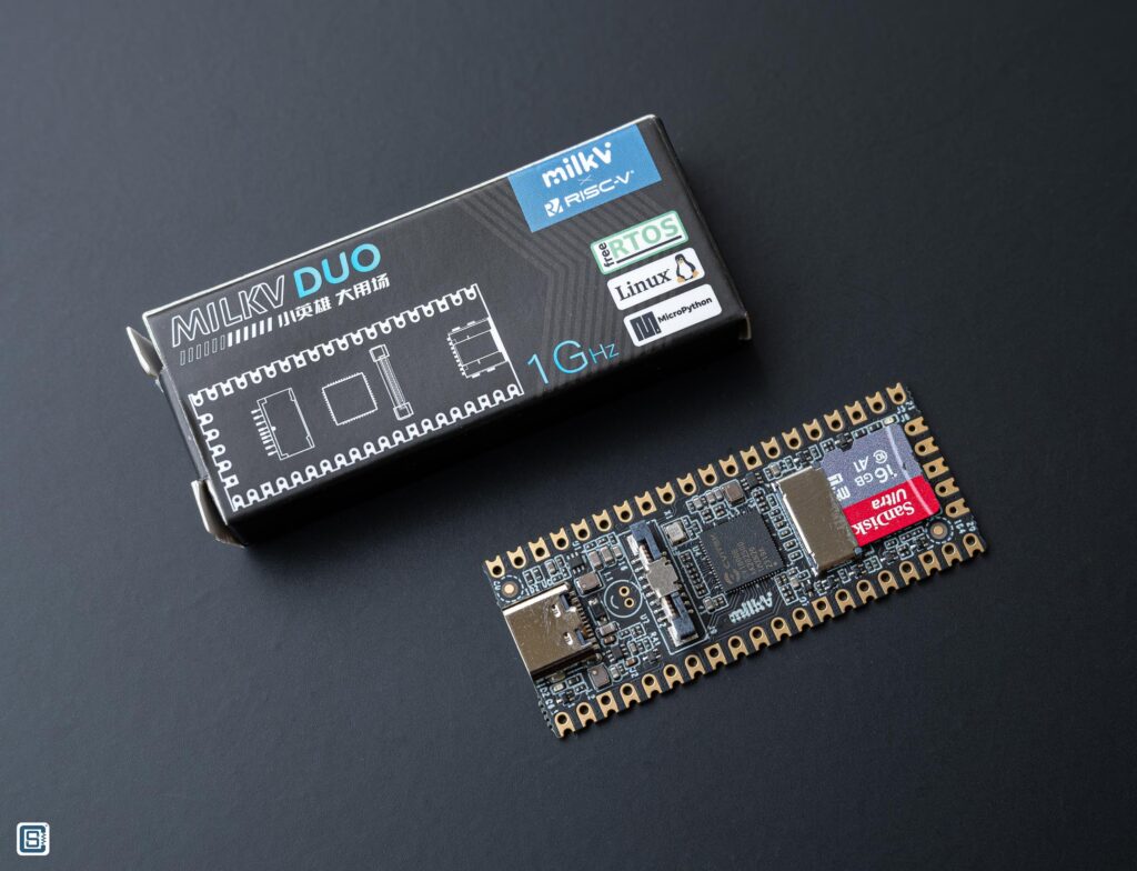Milk-V Duo 64M RISC-V Linux Development Board Top View and Package Box by CIRCUITSTATE Electronics