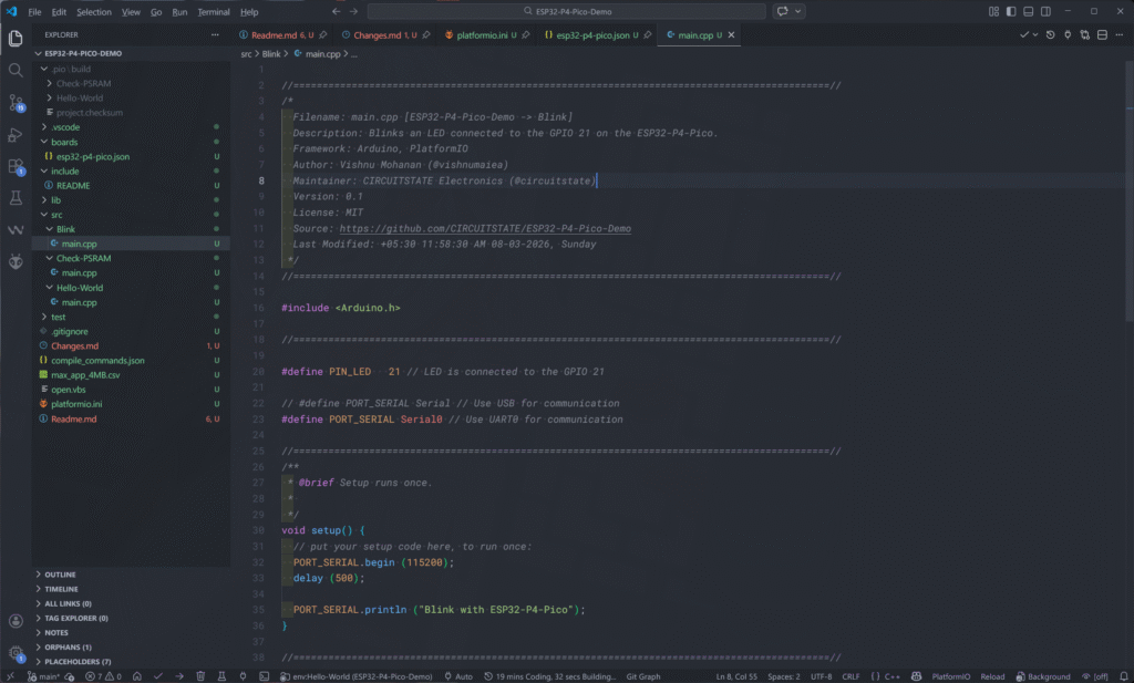 Getting Started with Waveshare ESP32-P4-Pico Microcontroller Development Board 23 Blink Example Code for ESP32-P4-Pico opened in VS-Code CIRCUITSTATE Electronics