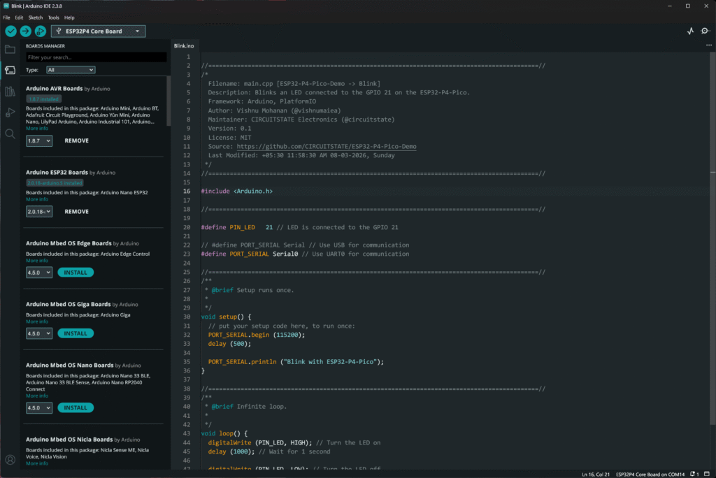 Getting Started with Waveshare ESP32-P4-Pico Microcontroller Development Board 16 Using Waveshare ESP32-P4-Pico with Arduino-IDE-2 Blink Sketch CIRCUITSTATE Electronics