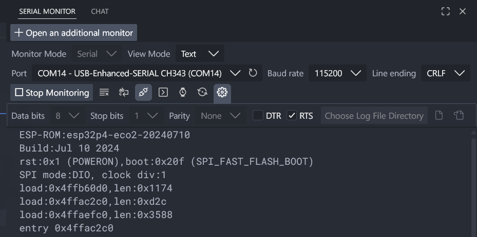 Getting Started with Waveshare ESP32-P4-Pico Microcontroller Development Board 19 Waveshare ESP32-P4-Pico Boot Message VS-Code Serial Monitor CIRCUITSTATE Electronics