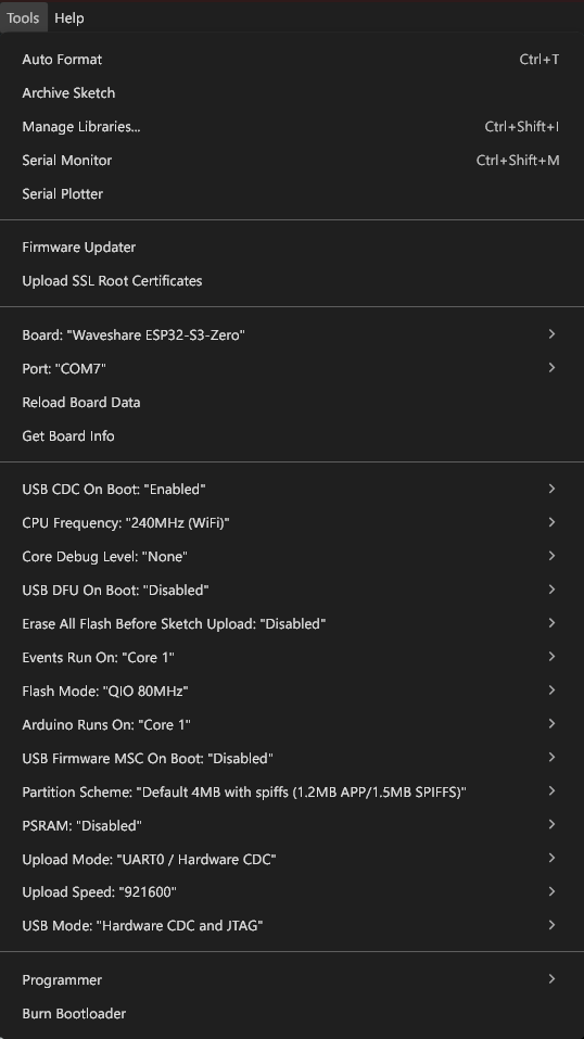Getting Started with Waveshare ESP32-S3-Zero Wi-Fi & Bluetooth Development Board 18 Waveshare ESP32-S3-Zero board Arduino-IDE-2 options list by CIRCUITSTATE Electronics